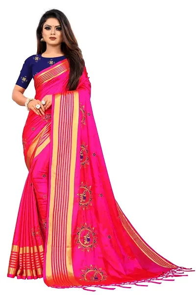 NOTABILIA Women's Embroidered Work Silk Saree With Unstitched Blouse Piece (Pink)