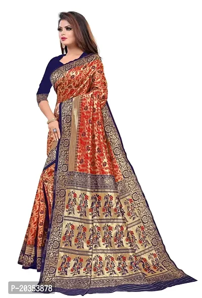 DESFELI Self Design Kanjivaram Cotton Art Silk Saree With Blouse Piece (Blue.Red)-thumb2