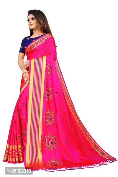 NOTABILIA Women's Embroidered Work Silk Saree With Unstitched Blouse Piece (Pink)-thumb2