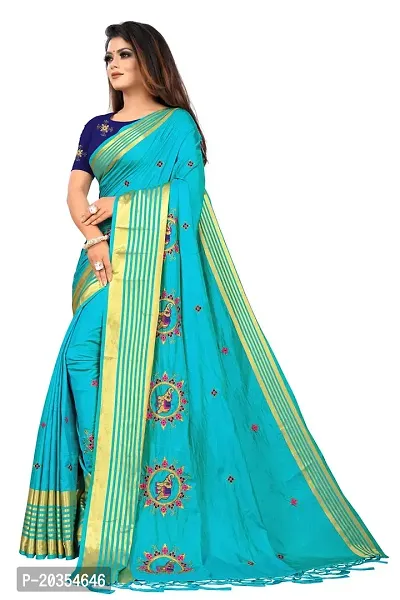 NOTABILIA Women's Embroidered Work Silk Saree With Unstitched Blouse Piece (Rama)-thumb2