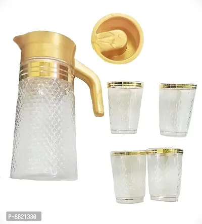 Crystal Plastic Water Pitcher / Jug with 4 Glasses for Juice/Water Serve (Transparent with Golden Accent)