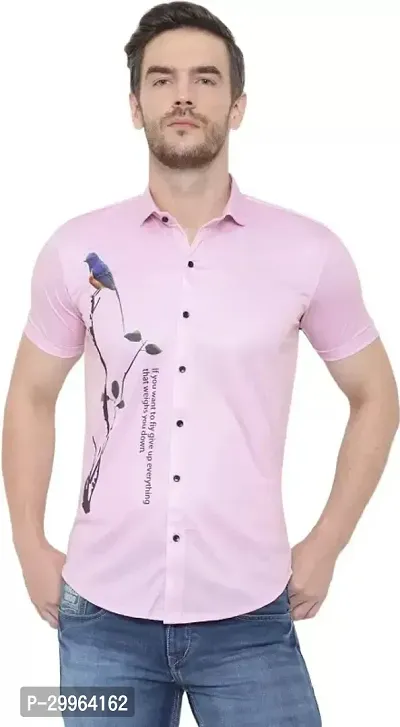 Reliable Pink Cotton Lycra Printed Short Sleeves Casual Shirt For Men-thumb0