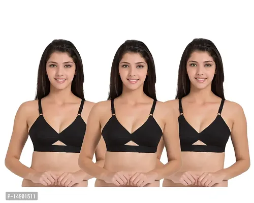 Women Poly Cotton B Cup Everyday Bra Set of 3 (Black)-thumb0