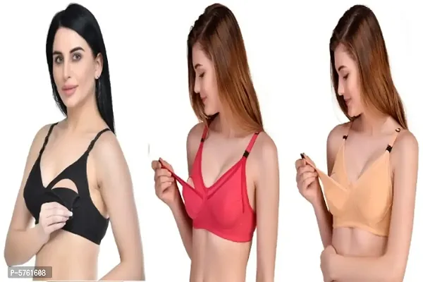 Needytime Poly Cotton C Cup Feeding Bra Set of 3 (Skin/Rani/Black)-thumb0