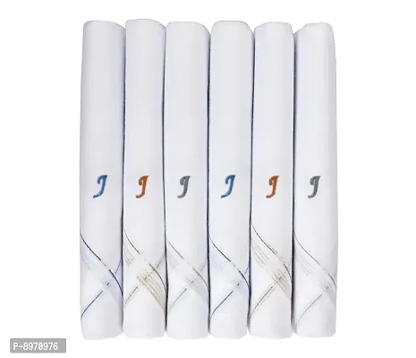 Caruso Italy Men's Initial Monogram J Embroidery 100% Pure Cotton Handkerchief White Base With Colored Border - Pack Of 6
