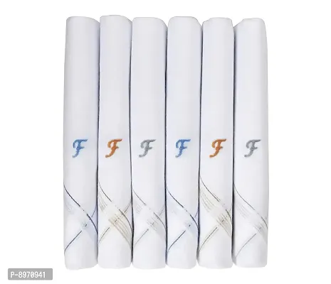 Caruso Italy Men's Initial Monogram F Embroidery 100% Pure Cotton Handkerchief White Base With Colored Border - Pack Of 6