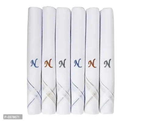 Caruso Italy Men's Initial Monogram N Embroidery 100% Pure Cotton Handkerchief White Base With Colored Border - Pack Of 6-thumb0