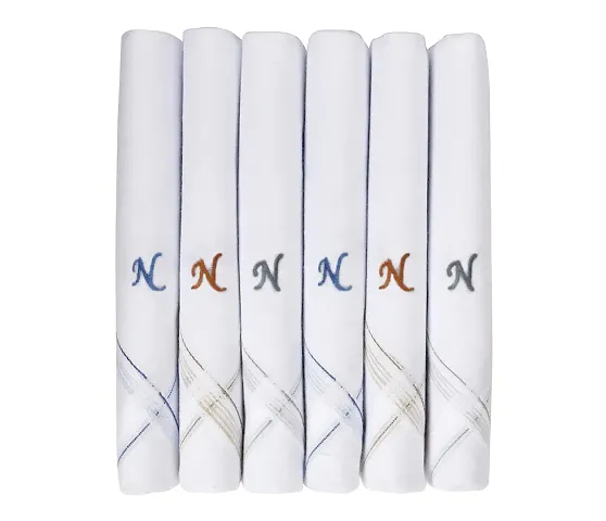 Caruso Italy Men's Initial Monogram (A-Z) Embroidery 100% Pure Cotton Handkerchief White Base With Colored Border - Pack Of 6