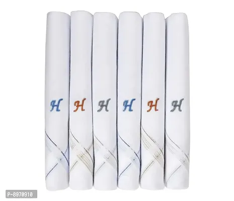 Caruso Italy Men's Initial Monogram H Embroidery 100% Pure Cotton Handkerchief White Base With Colored Border - Pack Of 6