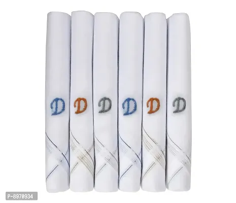 Caruso Italy Men's Initial Monogram D Embroidery 100% Pure Cotton Handkerchief White Base With Colored Border - Pack Of 6