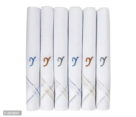Caruso Italy Men's Initial Monogram Y Embroidery 100% Pure Cotton Handkerchief White Base With Colored Border - Pack Of 6