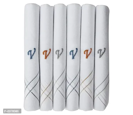 Caruso Italy Men's Initial Monogram V Embroidery 100% Pure Cotton Handkerchief White Base With Colored Border - Pack Of 6