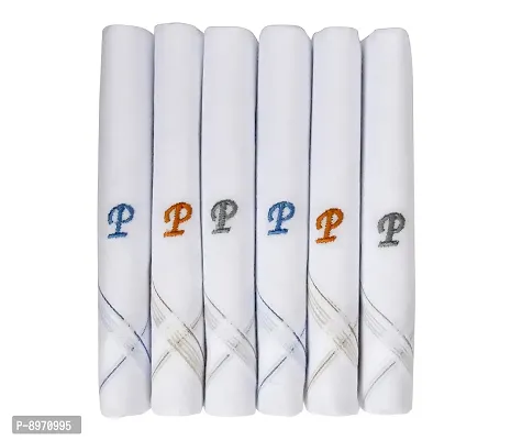 Caruso Italy Men's Initial Monogram P Embroidery 100% Pure Cotton Handkerchief White Base With Colored Border - Pack Of 6