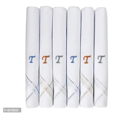 Caruso Italy Men's Initial Monogram T Embroidery 100% Pure Cotton Handkerchief White Base With Colored Border - Pack Of 6
