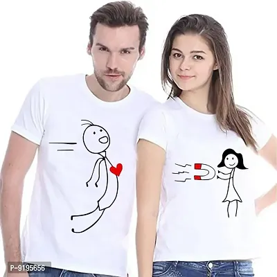 Alluring Cotton White Love Connection Print Round Neck Short Sleeves Couple T-Shirt-thumb0