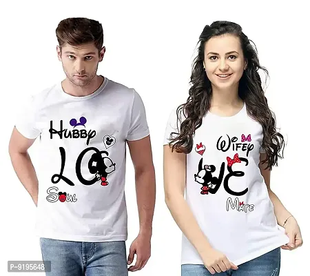 Alluring Cotton White Hubby Wifey Print Round Neck Short Sleeves Couple T-Shirt