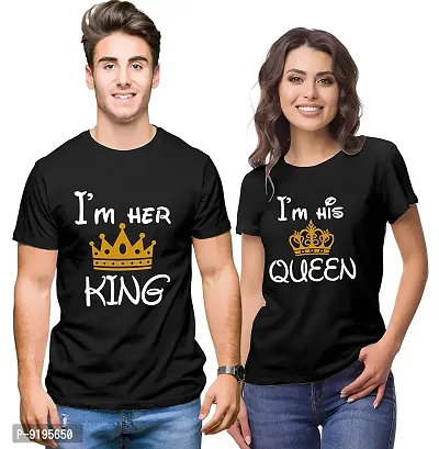 Alluring Cotton Black I Am King Queen Print Round Neck Short Sleeves Couple T-Shirt
