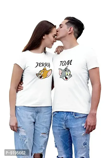 Alluring Cotton Off White Tom And Jerry Print Round Neck Short Sleeves Couple T-Shirt