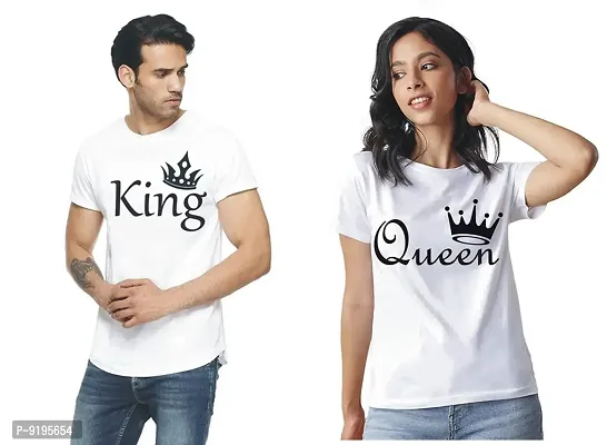 Alluring Cotton White King Queen Print Round Neck Short Sleeves Couple T-Shirt