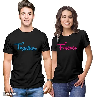 Alluring Cotton Black Together Forever Print Round Neck Short Sleeves Couple T-Shirt