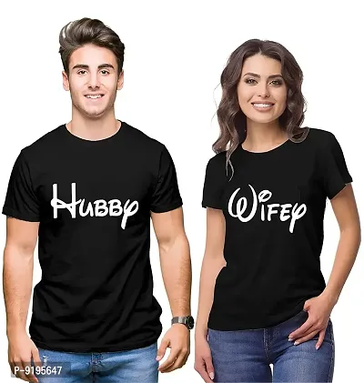 Alluring Cotton Black Hubby Wifey Print Round Neck Short Sleeves Couple T-Shirt