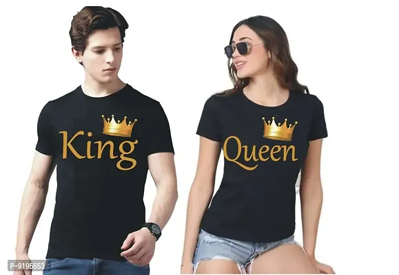 Alluring Cotton Black King Queen Both Print Round Neck Short Sleeves Couple T-Shirt