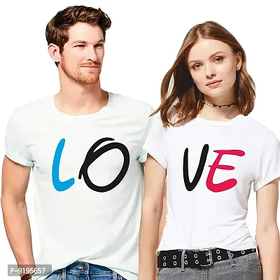 Alluring Cotton Green And White Love Print Round Neck Short Sleeves Couple T-Shirt