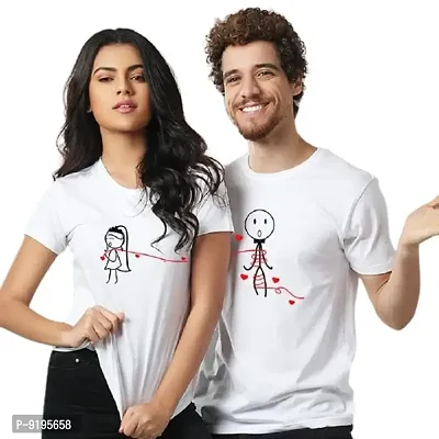 Alluring Cotton Off White Love Magnet Hubby Wifey Print Round Neck Short Sleeves Couple T-Shirt