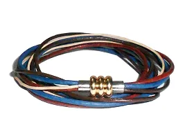 Cords Craft, Women's 3 Wrap Genuine Leather Bracelets, Leather Band, Wrist Band, Gift for Her, Multi Color, Multi Strings with Antique Endlock, Blue-thumb1