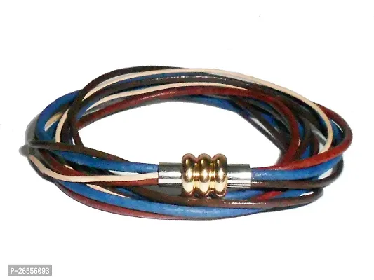 Cords Craft, Women's 3 Wrap Genuine Leather Bracelets, Leather Band, Wrist Band, Gift for Her, Multi Color, Multi Strings with Antique Endlock, Blue-thumb2