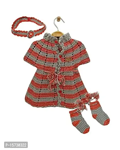 Tistook Baby Girl Winter Wear Dress Cardigan Frock with Hairband Handmade Woolen Sweater Set for Baby Girls (12-24 Months, Grey Brown)