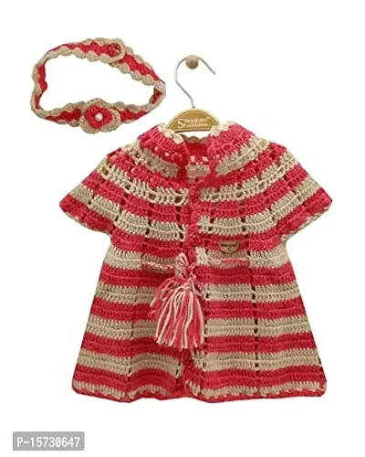 Tistook Baby Girl Winter Wear Dress Cardigan Frock with Hairband Handmade Woolen Sweater Set for Baby Girls (6-12 Months, Beige Pink)