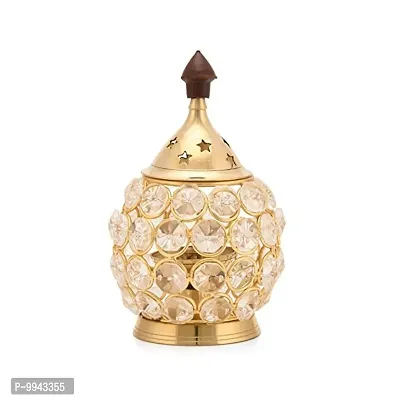 Akhand Jyoti Brass Diya Cover with Crystal. Decorative Oval Shape Oil lamp for Diwali Gifts Home Decor puja Diya (Pack of 1)-thumb0