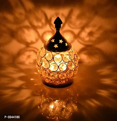 Akhand Diya Diyas Decorative Brass Crystal Oil Lamp, Tea Light Holder Lantern Oval Shape Diwali Gifts Home Decor Puja Lamp (Small).