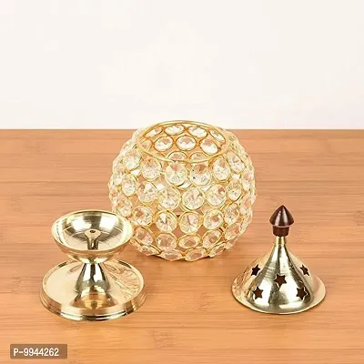 Akhand Diya Decorative Brass Crystal Oil Tea Light Holder Lantern Oval Shape Puja Lamp.