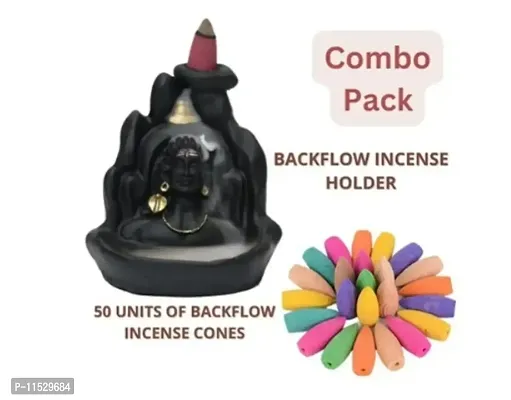 Combo Pack of Lord Shiva Adiyogi Smoke Fountain Incense holder and 50 Units of Backflow Incense Cones