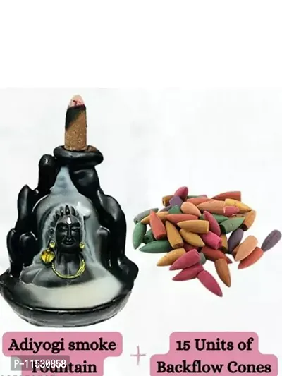 Combo Pack of Lord Shiva Adiyogi Smoke Fountain Incense Holder with 15 Units of Backflow Incense Cones Sticks