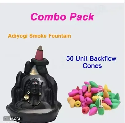 Combo Pack of Backflow Smoke Fountain Lord Adiyogi Shiva Backflow Incense Holder Burner and 50 Units of Backflow Incense Cones