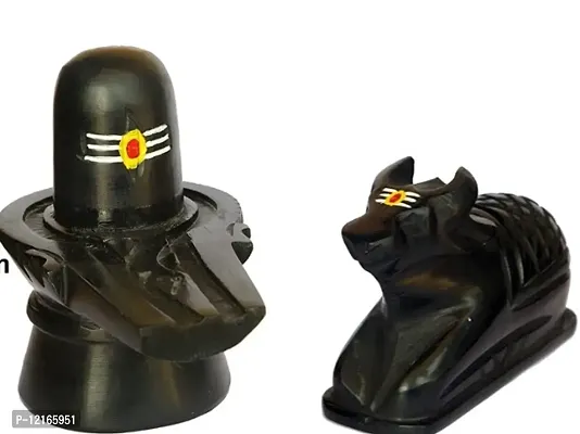 Shivling  Nandi Idols Handcrafted  Hand Painted with Tilak , Black, 2 Pieces (3 Inch )