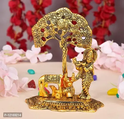 Metal Krishna Idol Murti with Kamdhenu Cow - Gold Plated Showpiece Articles for Home Decor, Office,House Warming (Set of 1)-thumb0