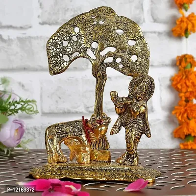 Metal Krishna with Cow Standing Under Tree Playing Flute Decorative Showpiece (Metal, Gold)-thumb0