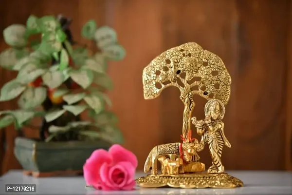 Metal Krishna with Cow Calf Standing Under Tree Plying Flute Decorative Showpiece-thumb0