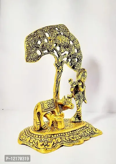 Metal Krishna with Cow Standing Under Tree Playing Flute Decorative Showpiece (Metal, Gold)-thumb0