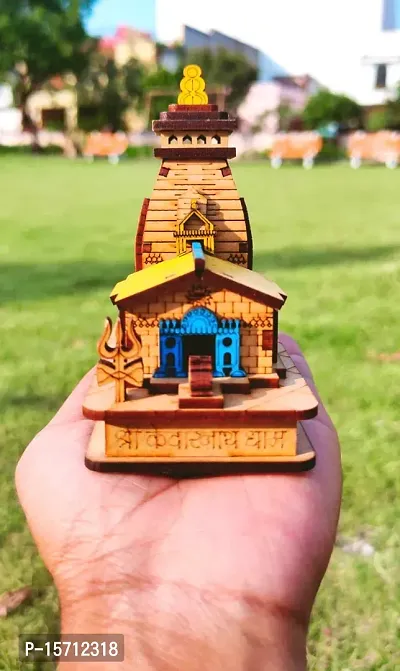 Wooden Hand Carved 3D Kedarnath Temple Small Size Shree Kedar dham ji Multi color Temple with Double side tape ( Height: 10 cm  )