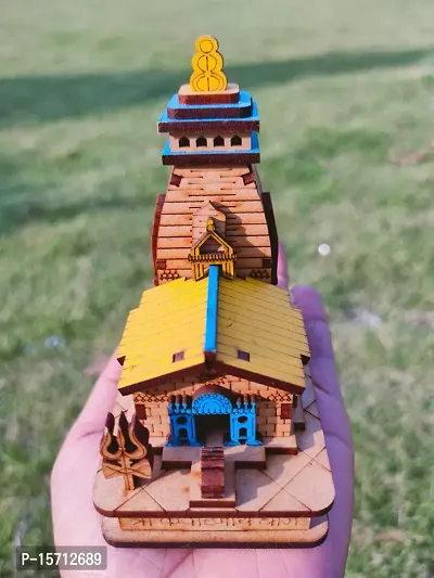 Kedarnath Wooden Temple Model with Double Sided Tape for Car Dashboard, Office Desk, Home Pooja