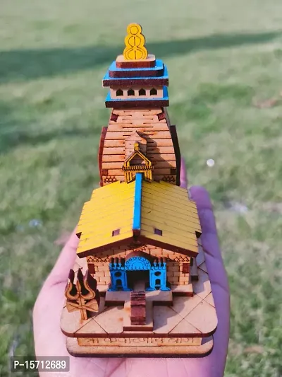 Kedarnath Wooden Temple Model with Double Sided Tape for Car Dashboard, Office Desk, Home Pooja-thumb0