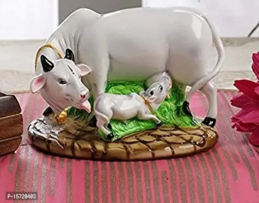 Poly Resin Decorative White Cow with Calf Showpiece Cow showpieces for Home Decor Cow Calf Idol for Home kamdhenu Cow Idol-thumb0