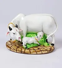 Poly Resin Decorative White Cow with Calf Showpiece Cow showpieces for Home Decor Cow Calf Idol for Home kamdhenu Cow Idol-thumb1