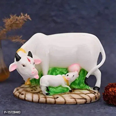 Poly Resin Decorative White Cow with Calf Showpiece Cow showpieces for Home Decor Cow Calf Idol for Home kamdhenu Cow Idol-thumb3