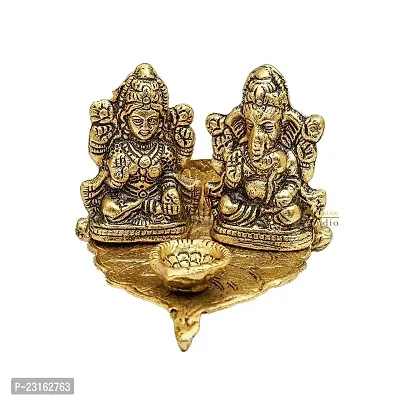 Haridwar divine Lakshmi Ganesh Idols On Leaf with Diya Made of Metal Laxmi Ganesha Oil Lamp Statue Traditional Figurine for Home Office Temple Puja Decoration Diwali-thumb0